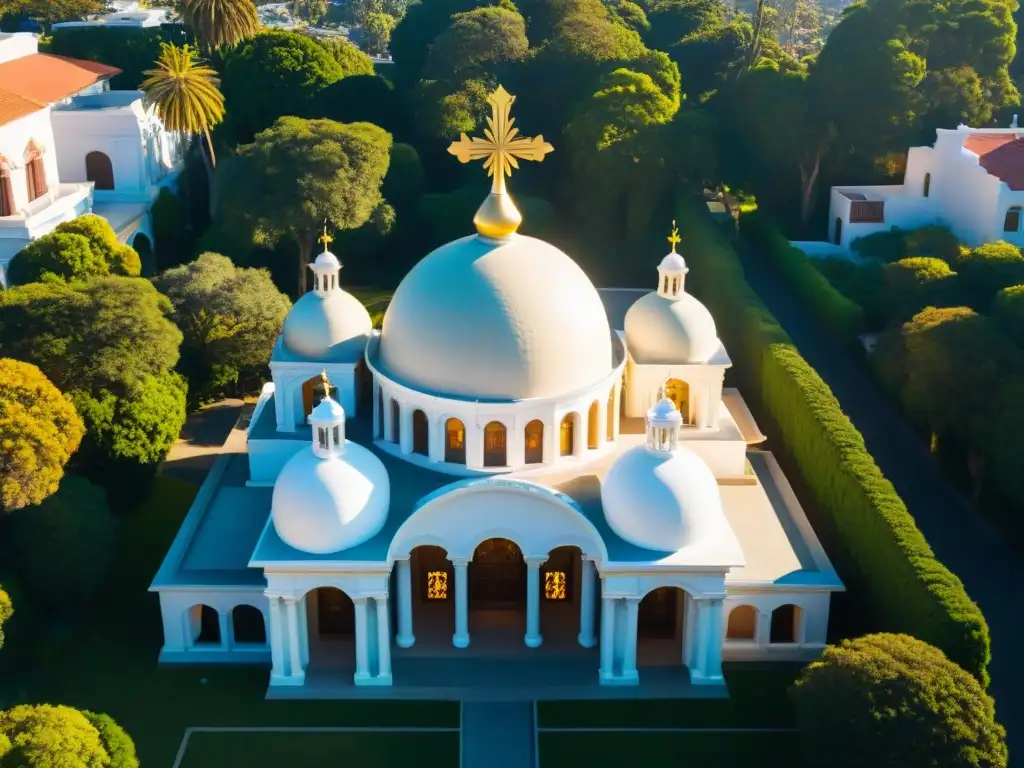 Vista aérea del impresionante Templo Rosacruz en San José, California, con detalles arquitectónicos inspirados en el Rosacrucianismo