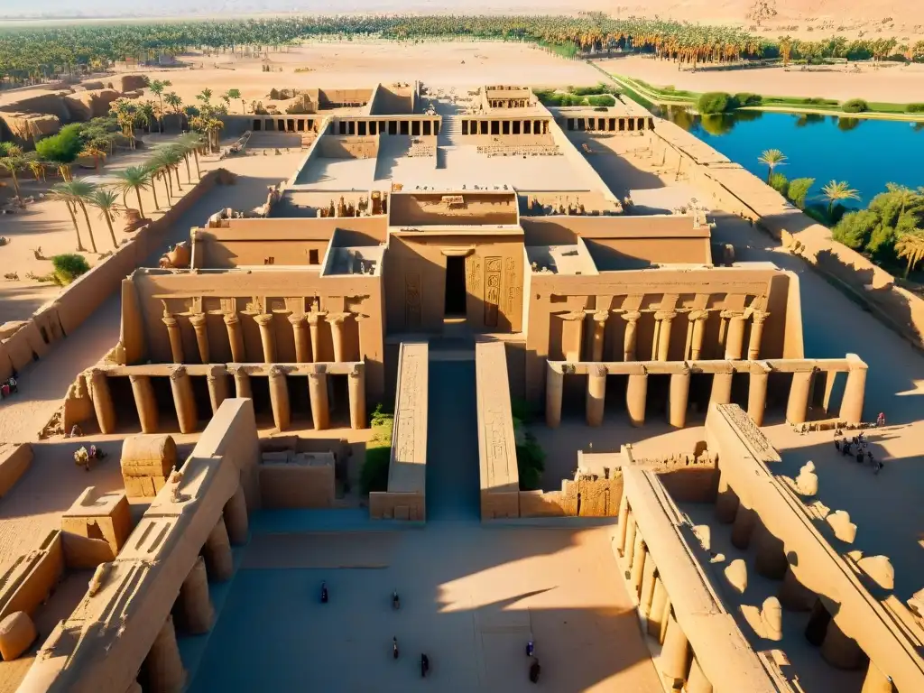 Vista aérea impresionante del Templo de Karnak en Luxor, Egipto, con jeroglíficos e imponentes columnas ante un cielo azul