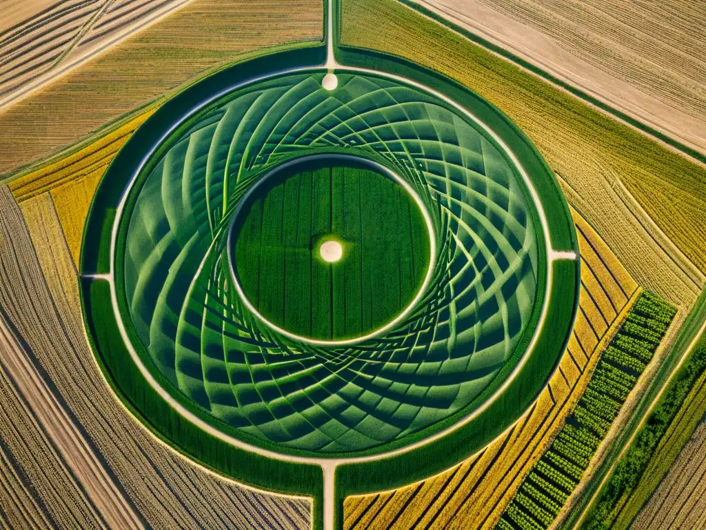 Vista aérea de un intrincado diseño de crop circle en un campo de trigo, revelando su misterioso origen y significado