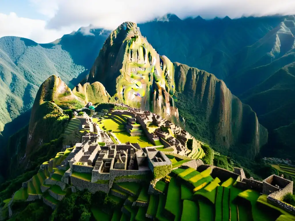 Vista aérea de Machu Picchu con llamas, reflejando la influencia de sociedades secretas en el mundo moderno