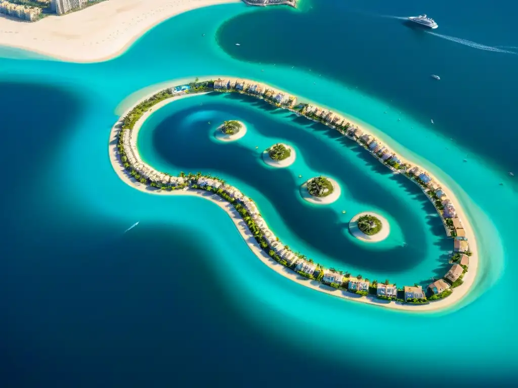 Vista aérea de las lujosas Palm Islands en Dubái, con sus villas, playas y diseño innovador