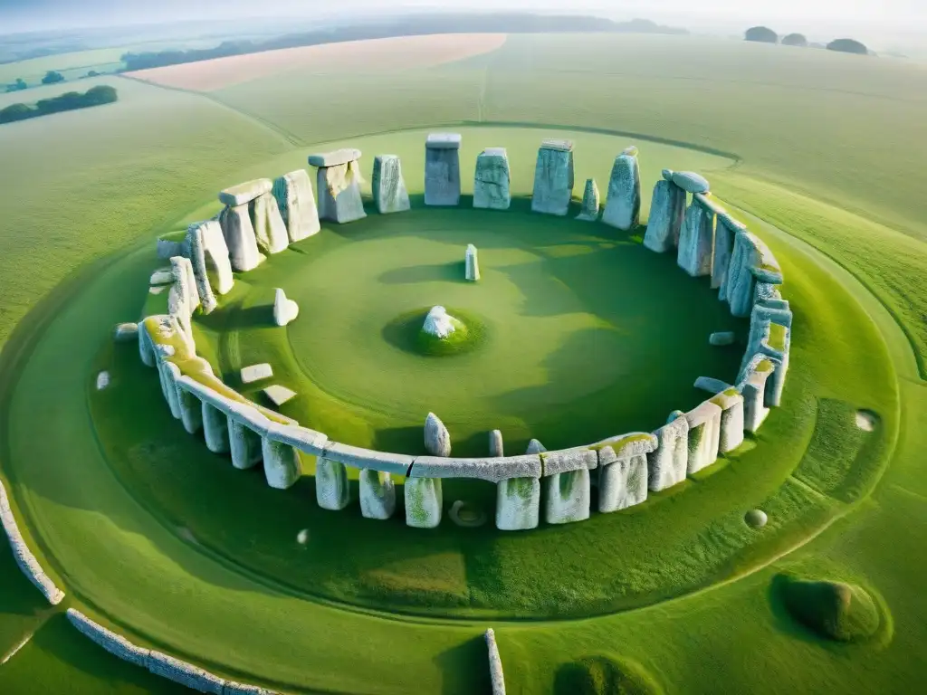 Vista aérea de Stonehenge rodeado de la vasta llanura de Salisbury en Inglaterra, revelando los secretos de las sociedades secretas