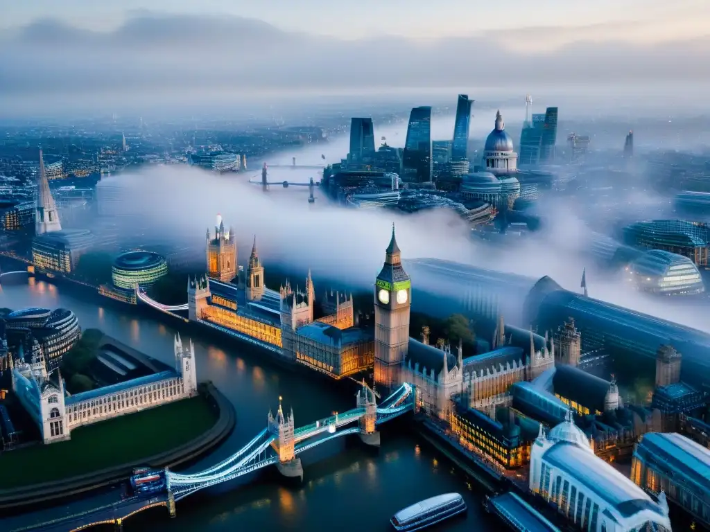 Vista aérea de Londres con niebla, simbolismo oculto en la arquitectura de la ciudad