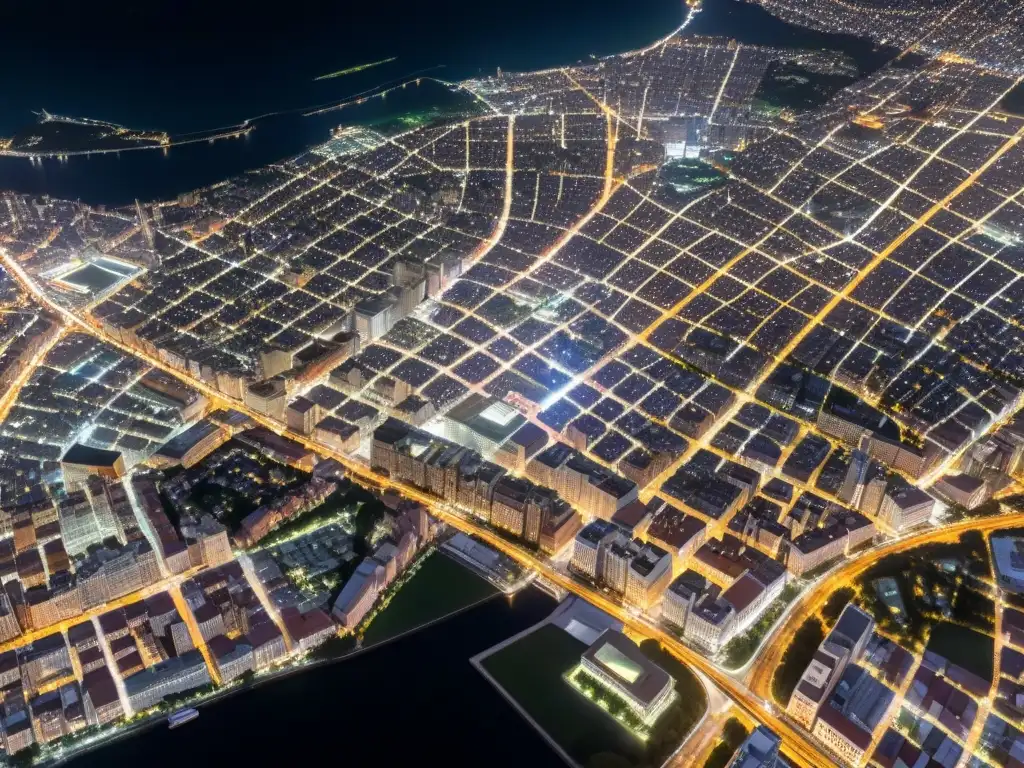 Vista nocturna de ciudad desde satélite, revelando detalles y movimiento, con tonos oscuros y luces brillantes