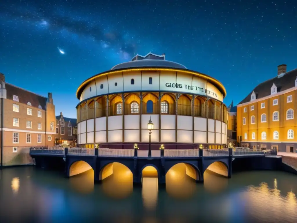 Vista nocturna del Globe Theatre en Londres con constelaciones, influencia astrología obras Shakespeare