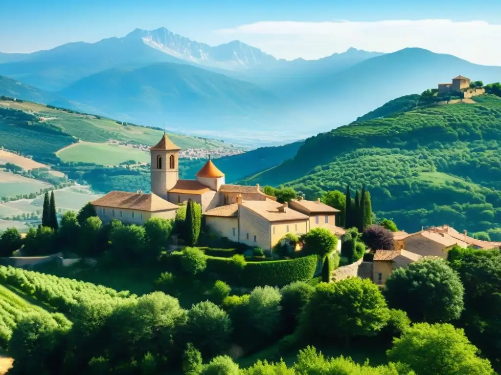 Vista panorámica de Rennes-le-Château en Francia, con edificios de piedra y los misteriosos Pirineos al fondo