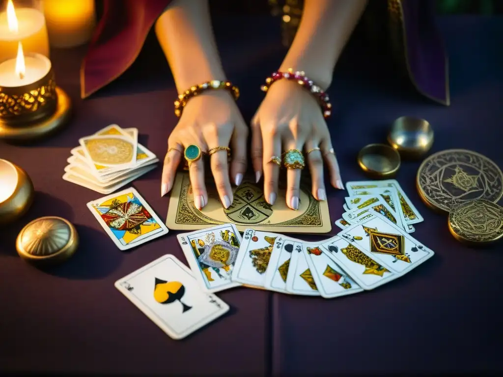 Un vistazo detallado a manos de adivina barajando cartas de tarot con símbolos de prosperidad