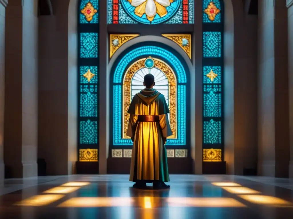 Un vitral centenario en una catedral muestra símbolos de iluminación espiritual en un juego de luces y sombras