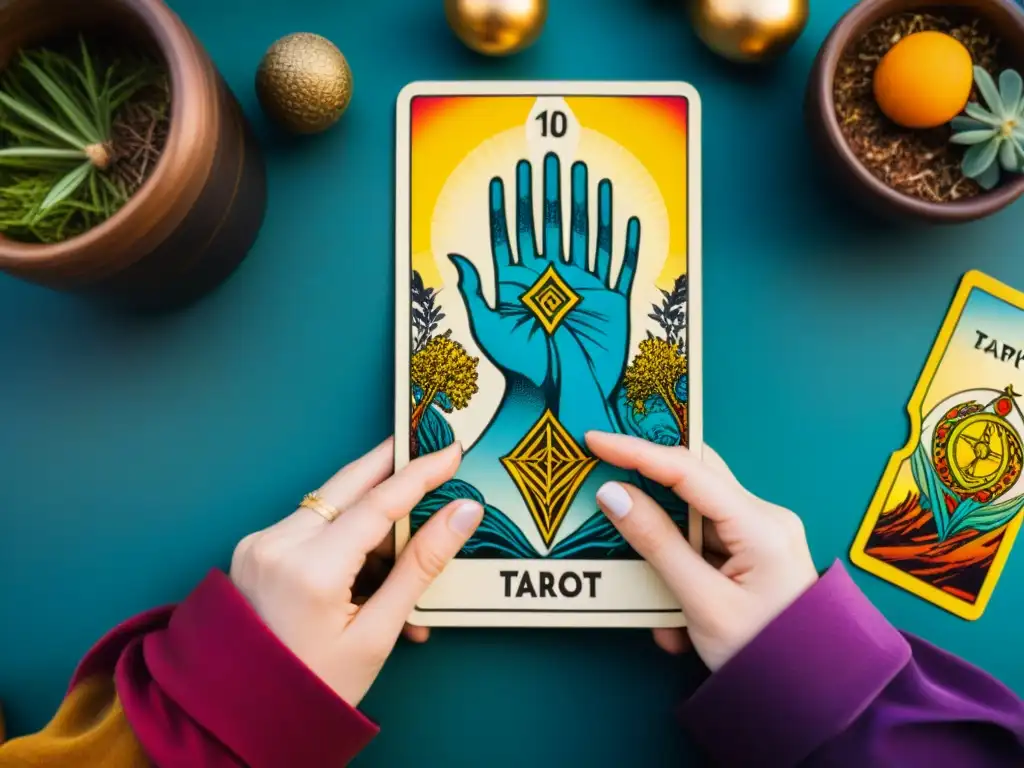 Vívida carta de tarot: manos entrelazadas simbolizando conexión y unidad