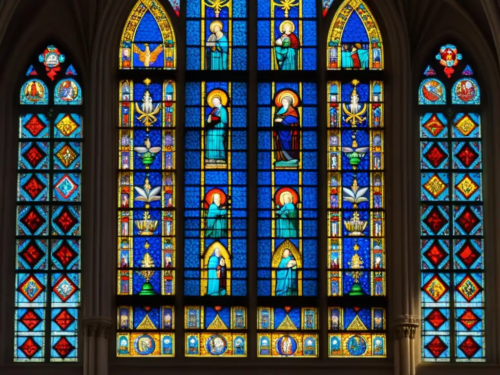 Vívida imagen de los misterios esotéricos en la Catedral de Chartres, con vitrales coloridos y diseños intrincados