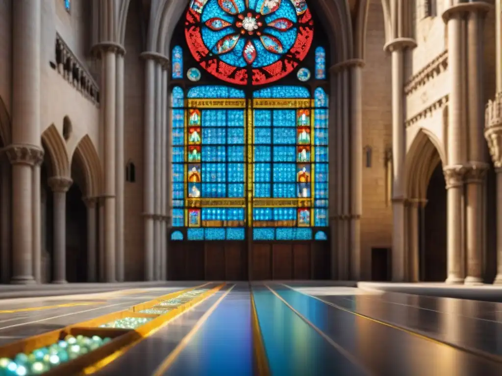 Vívida vidriera con símbolos secretos arte clásico en la Catedral de Chartres