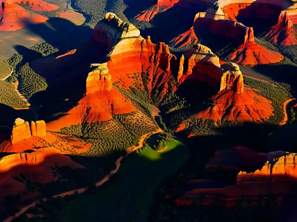 Vórtices energéticos Sedona misterios: Vista aérea impresionante de las formaciones rocosas rojas de Sedona iluminadas por el sol poniente