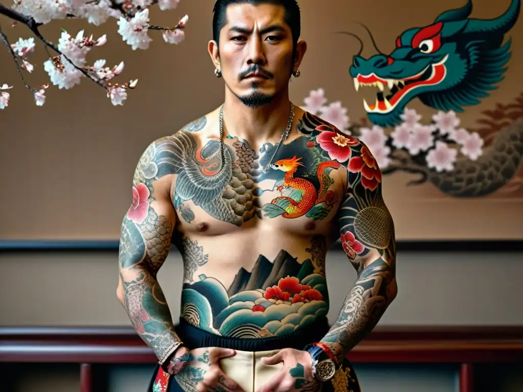 Un Yakuza con tatuajes de dragones, flores y peces koi, simbolizando poder y tradiciones