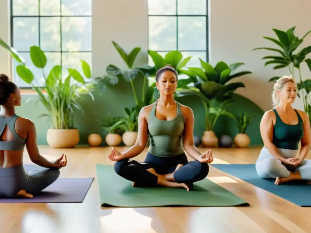 Práctica de yoga en un estudio sereno y luminoso con plantas verdes, personas diversas en poses, transmitiendo los 'Secretos milenarios del yoga'