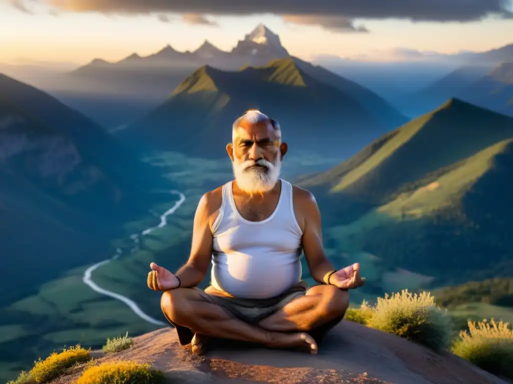 Yogui anciano meditando en la cima de una montaña al amanecer, rodeado de paisajes serenos